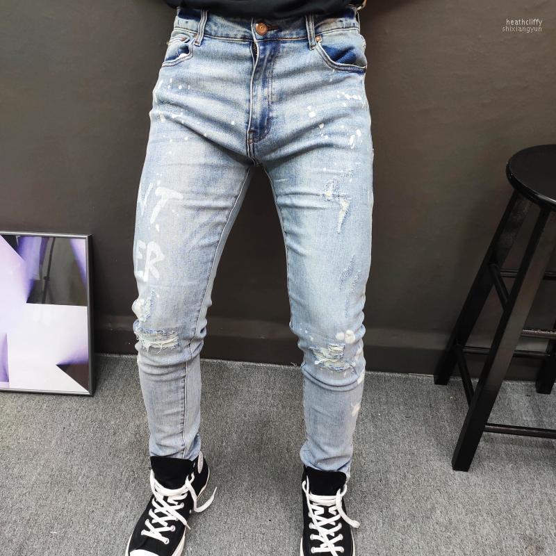 

Men's Jeans Fashion Letter Print Mens Pant Men Graphic Erkek Jean Pantolon Fall Homme Slim Calf Pants Moda Hombre 2022 Heat22, Blue