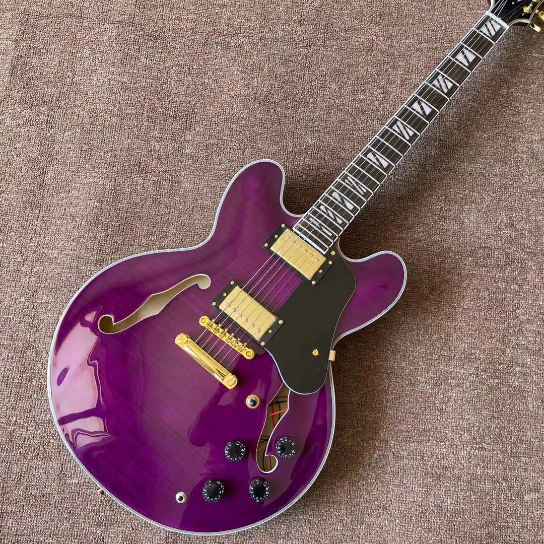 Custom shop F hollow body Jazz Electric Guitar Purple color tiger flame top Jazz gitaar Rosewood fingerboard high quality pickup