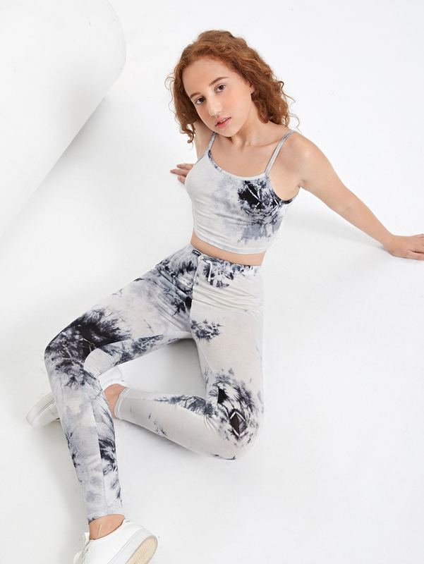 

Teen Girls Tie Dye Cami Top and Leggings Set SHE, Black and white