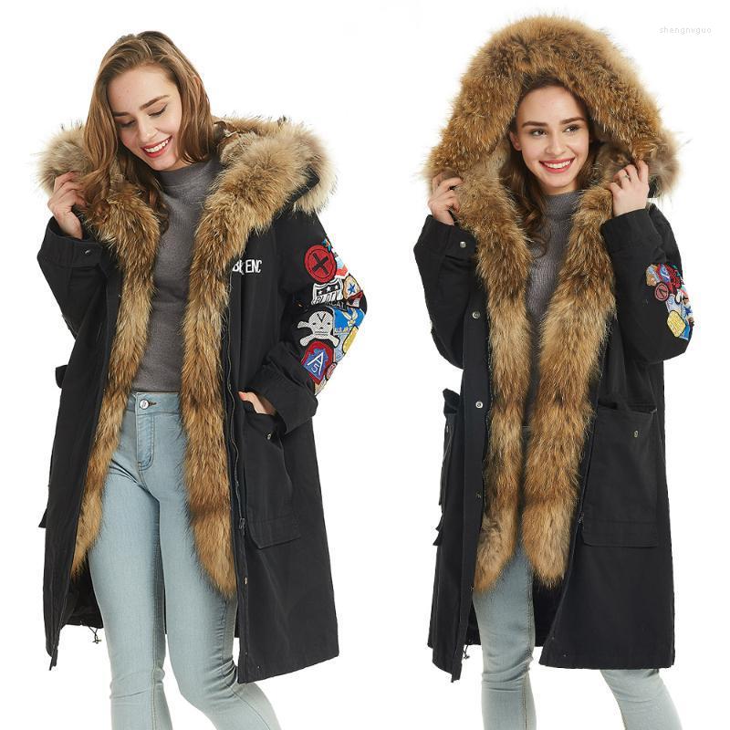 

Women' Fur & Faux Cartoon Black 2022 Embroidered Winter Parkas Coat With Raccoon Dog Collar Long Hood Women Warm Thick Clothes Jackets
