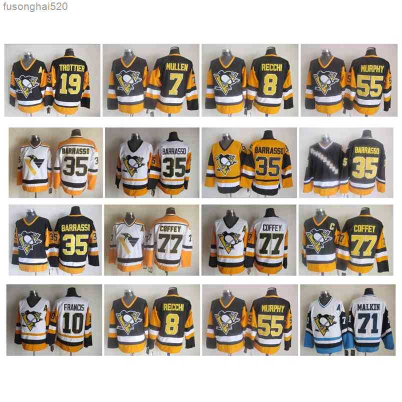 

95 Vintage Pittsburgh Penguins Jersey 35 Tom Barrasso 7 Joe Mullen 8 Mark Recchi Ron Francis Bryan Trottier Paul Coffey Larry Murphy CCM nhl's Jerseys, As pic