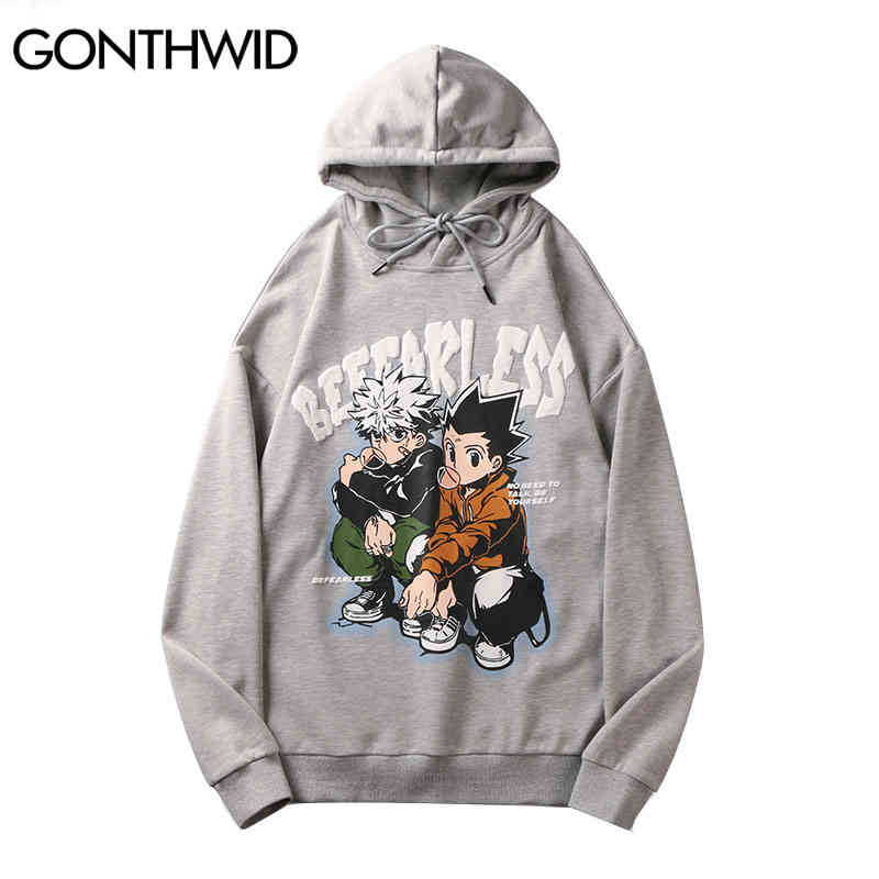 

Gonthwid Mens Streetwear Hoodie Hip Hop Sweatshirt Japanese Anime Cartoon Print Hooded 2022 Harajuku Cotton Pullover Black