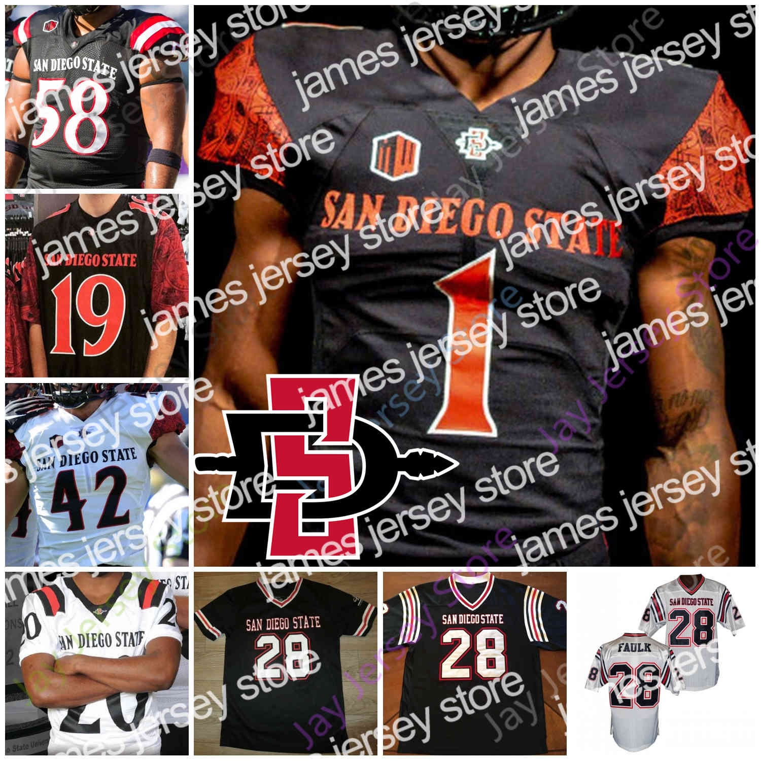 

James Custom San Diego State Aztecs Football Jersey NCAA College Chance Bell Chase Jasmin Keshawn Banks Rashaad Penny 28 Marshall Faulk Ryan Agnew, White ii
