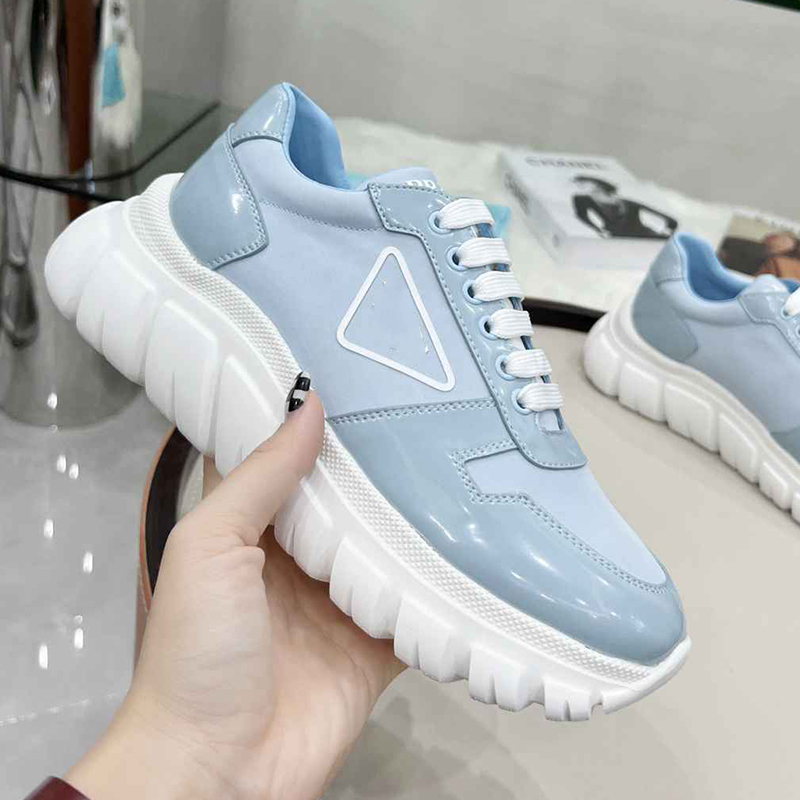 

Dress Shoes Woman Platform Loafers Fashion Ankle Boots Casual Lace-up Designer Short Botties Shoe Real Leather With Triagnle Logo, Blue