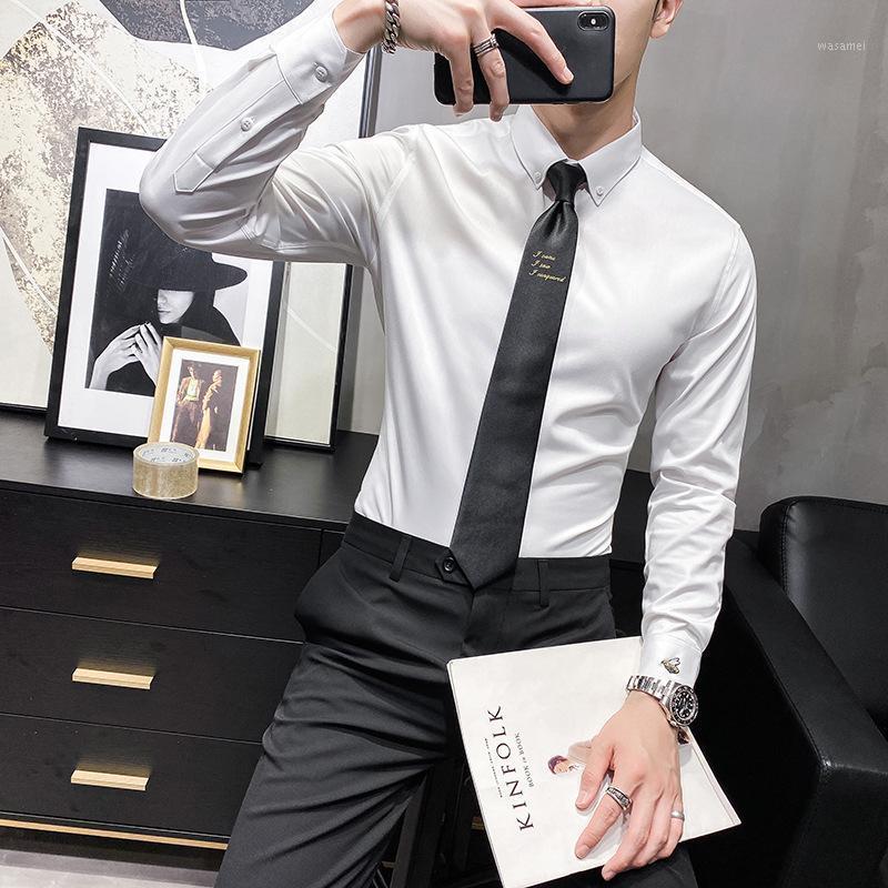 

Autumn Men's Bee Embroidery Shirt Slim Korean White Simple Youth Handsome Long-sleeved Casual Shirts, Black