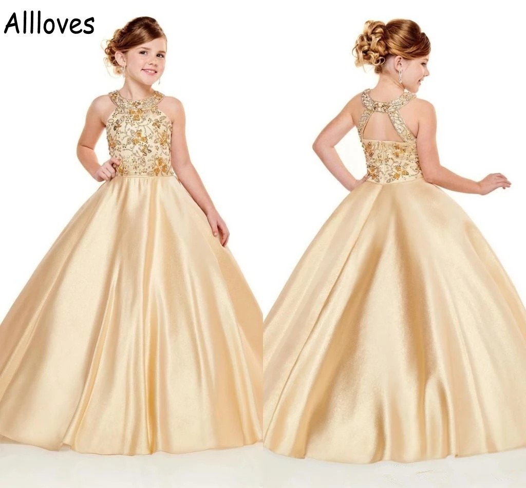 Robes de concours de petite fille en satin doré à licou avec broderie de perles et paillettes pour enfants en bas âge, robes de bal de mariage, r