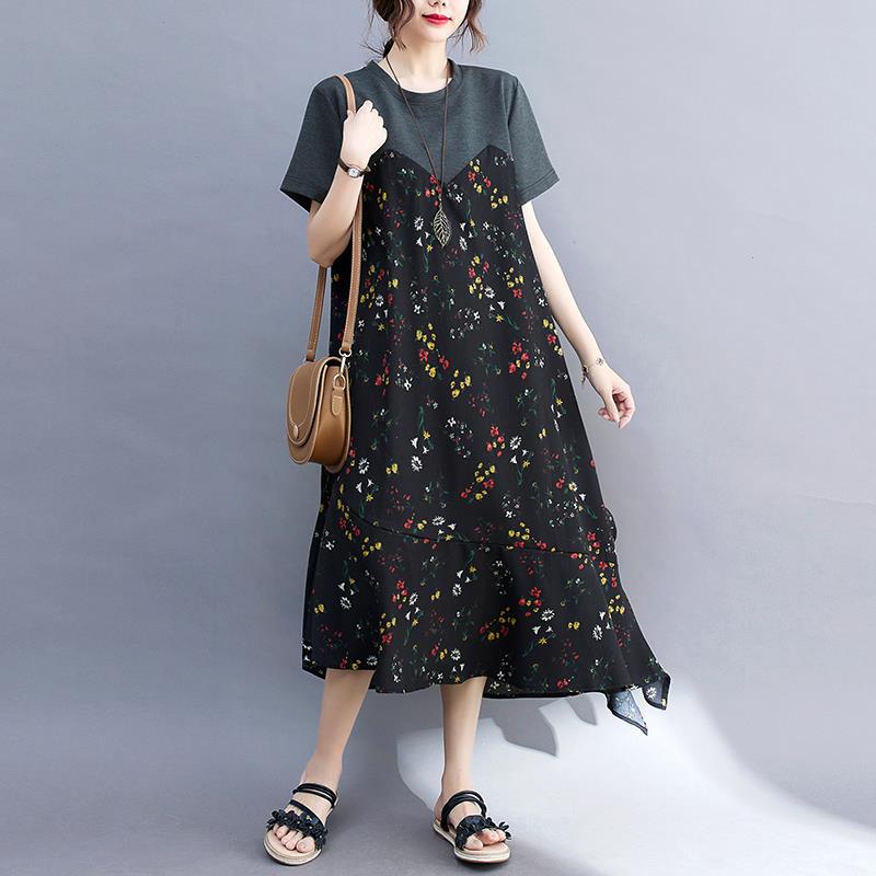 

Arrival Short Sleeve Loose Summer Dress Patchwork Print Floral Korea Style Fashion Women Casual Midi, As picture