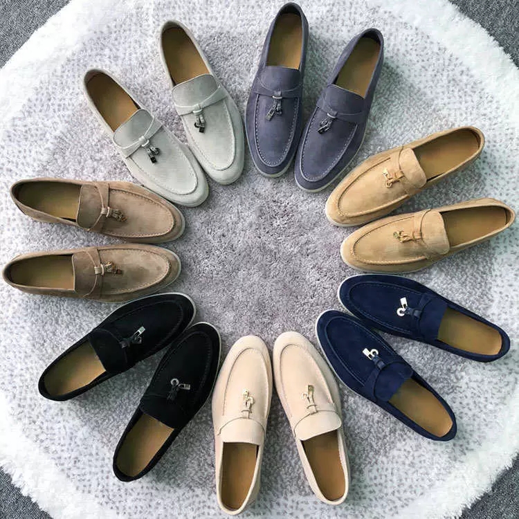 

Soft 2022 New Bottom Leffer Driving Shoes One Foot Mens Lazy Loro Summer Walk Comfortable Suede Leather Cashmere Tassels Luxury Dress Shoes