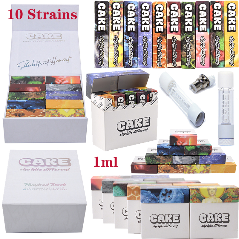 

New CAKE Full Glass Atomizers Carts 510 Thread 1.0ML Carts Ceramic Coil Disposable Vape pens Cartridges Packaging E Cigarettes Vaporizers 10 Strains Discount