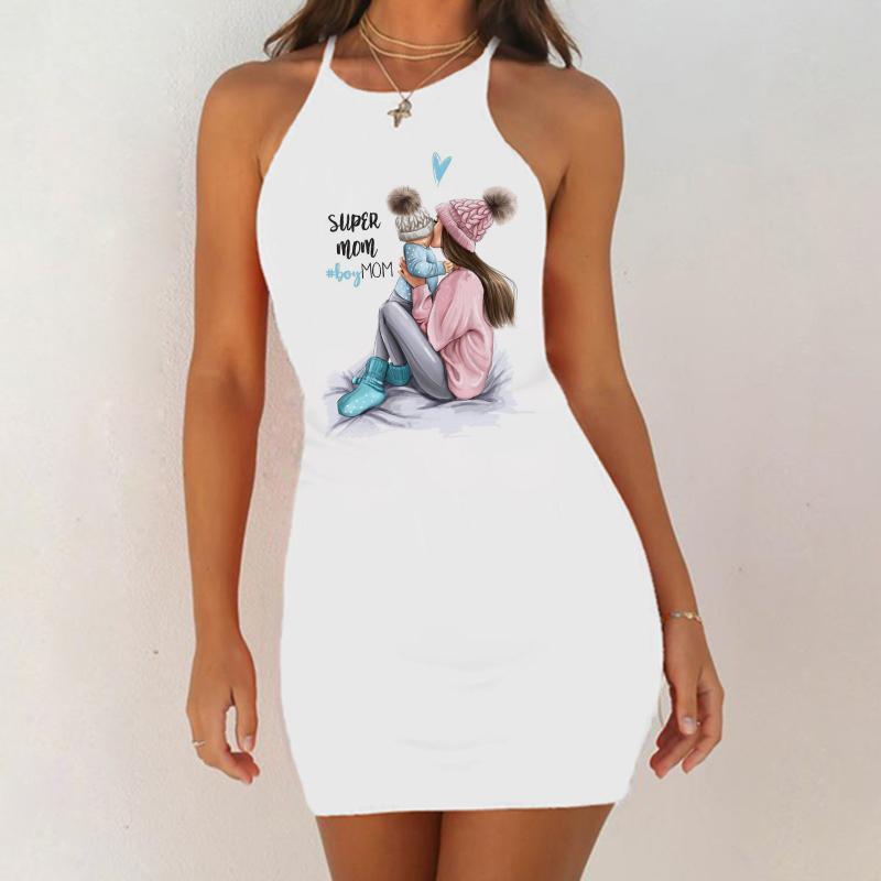 

Casual Dresses Fashion Women Summer Dress Mothers Day Printed Mini Vestidos O-Neck Sleeveless Party Sheath Pencil De FestaCasual, White