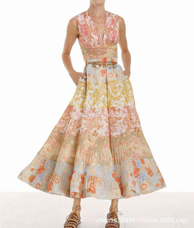 Dresses Z home Casual high constant pressure pleated fabric printed V-neck big swing dress Zim is not refundable in Shenzhen