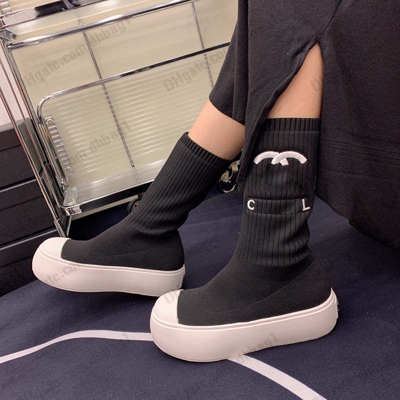 

Fall Designer Womens Flying Sock Boots Platform Shoes Rib Knit Tpu Outsole Ankle High Boot, Black