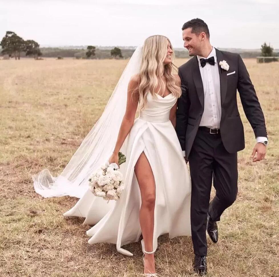 Country 2022 Side Split Wedding Dresses Strapless Neck Bridal Gowns Plus Size A Line Sweep Train Satin Vestido De Novia Bridal Gowns BC12553 B060