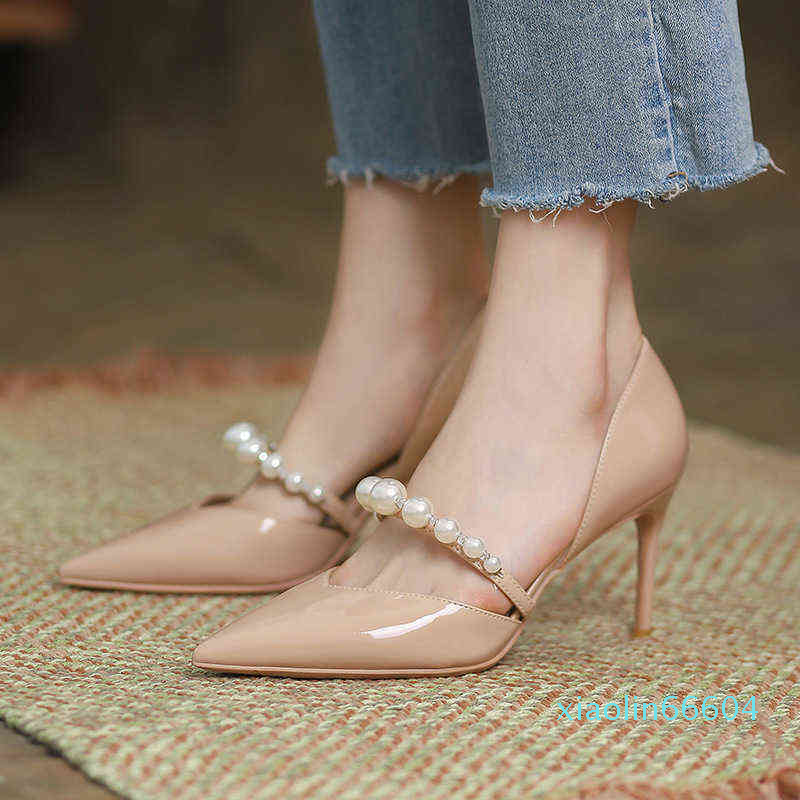 

Fashion-French pearl high heels women's thin heels sexy pointed one-sided comfortable shoes, Black