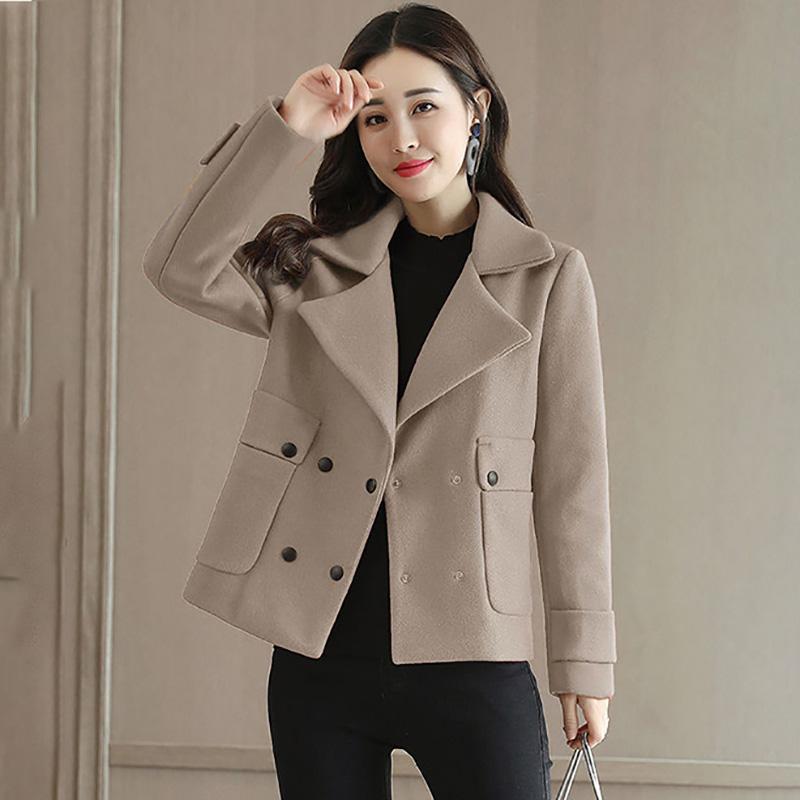 Vestes Femmes Solide Couleur Courte Laine Mélange Manteau Femmes Vintage Double Boutonnage Tweed Avec Poches 2022 Automne Slim Outwear Office Lad
