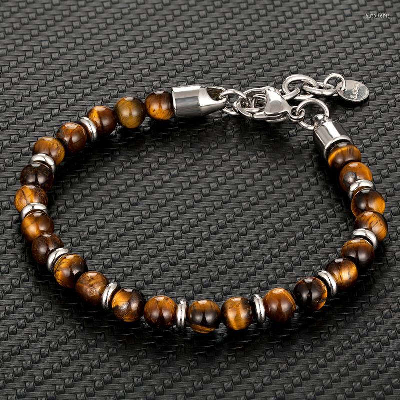 

Charm Bracelets 6mm Tiger Eye Beads Strand Men Women Stainless Steel Chain Colorful Natural Stone Bracelet Male Jewelry Gift