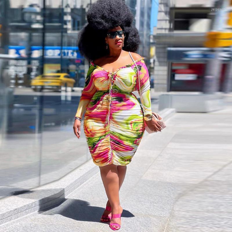 

Plus Size Dresses ZZ Women Clothing Dress Tie Dye Print Cleavage Long Sleeve Ruched Drawstring Vestidos Drop WholesalePlus Jasp22, Multi