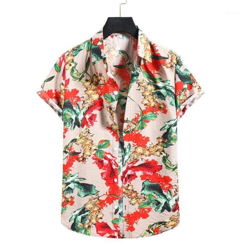 

Men' Shirts Hawaiian Folk Print Button-down Summer Short Sleeves Beach Holiday Slim Shirt SleevesBig Yard Casual, Beige
