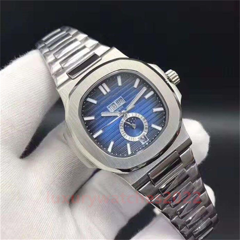 Men's Watch 40mm Blue White Black Day Week Month Display Automatic Mechanical Stainles steel Sun Moon Stars 5726 phasemoon Super Quality Spo