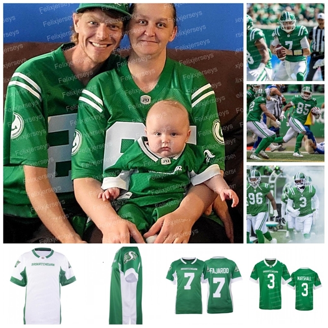 

Saskatchewan Roughriders Football Jersey 7 Cody Fajardo 3 Nick Marshall 4 Paxton Lynch 16 Isaac Harker 8 Mason Fine Elie Bouka Vincent, Green 2 mens s-xxxl
