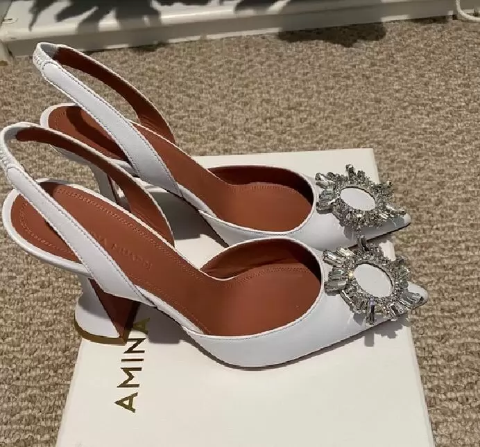 

AMINA MUADDI Fashion Season Shoes Italy Pumps White Leather Begum Slingback Crystal Wedding Party Bride Bridesmaid Princess eeN