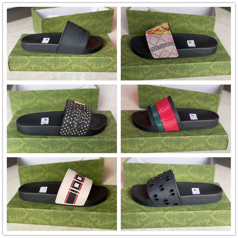 

2022 New Rubber Slides Sandals Floral Brocade Women Men Slipper Flat Bottoms Flip Flops Womens Fashion Striped Beach Slippers WITH BOXs, With a shoebox