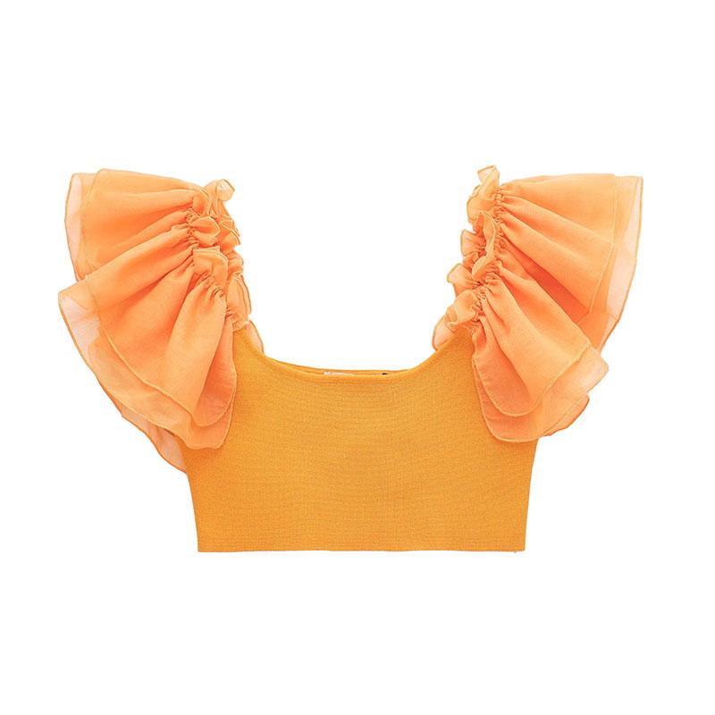 

Women' Blouses & Shirts 2022 Female Clothing Fashion Lotus Leaf Sleeves Lady Shirt Vintage Square Collar Crop Top Orange Chic Woman BlouseW, Photo color