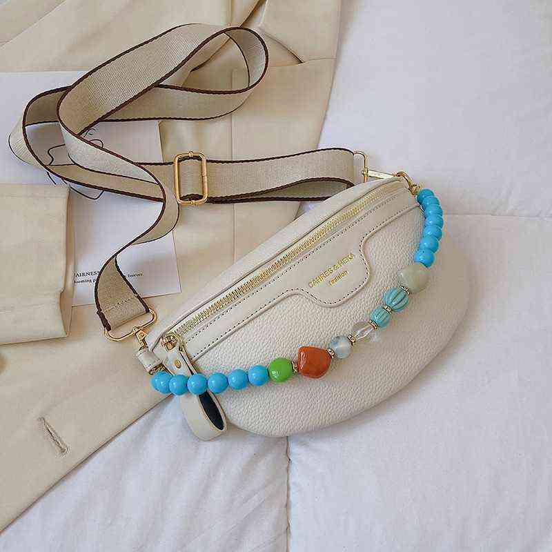 

Waist Bags Colourful Beading Chain for Women Pu Leather Fanny Pack Female Stylish Wide Strap Crossbody Chest Bag 2022 220810, White