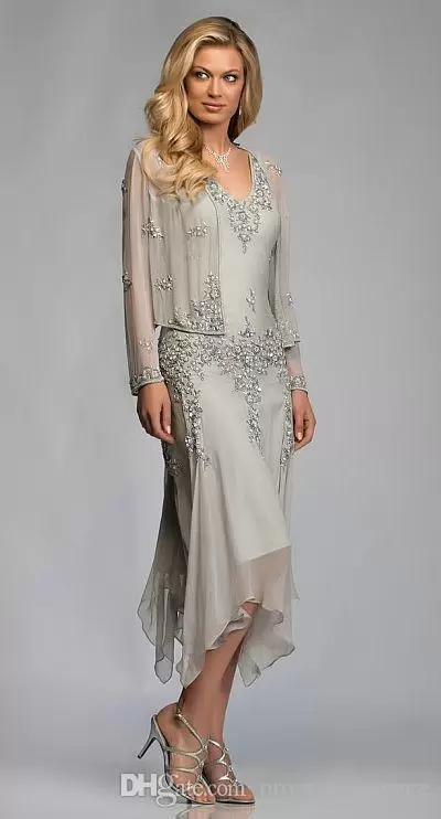 

2022 Gorgeous Silver Grey Chiffon Appliques Lace Tea Length Mother Of The Bride Dresses With Jacket Suits Deep V-neck For Weddings