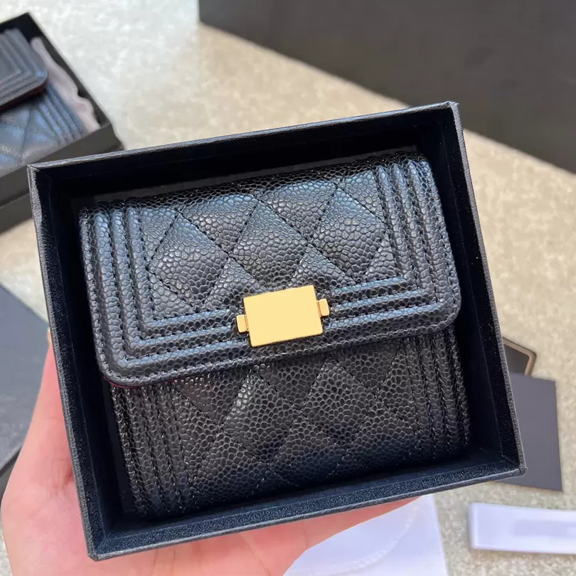 Classic Mini Square Coin Purse Caviar Calfskin Leather Quilted Diamond Gold and Silver Wear Hardware Metal Buckle Multi Card French Designer Luxury