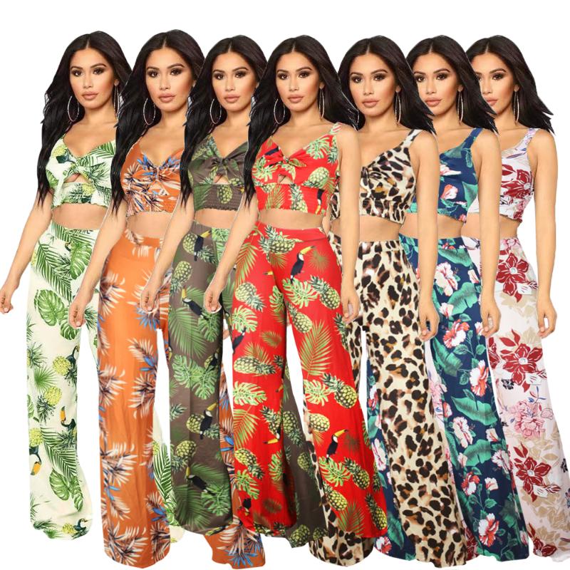 

Women' Two Piece Pants Women' Clothing 2022 Floral Short Backless Sling Female Fashion Retro Top High Waist Trousers SuitWomen, Green