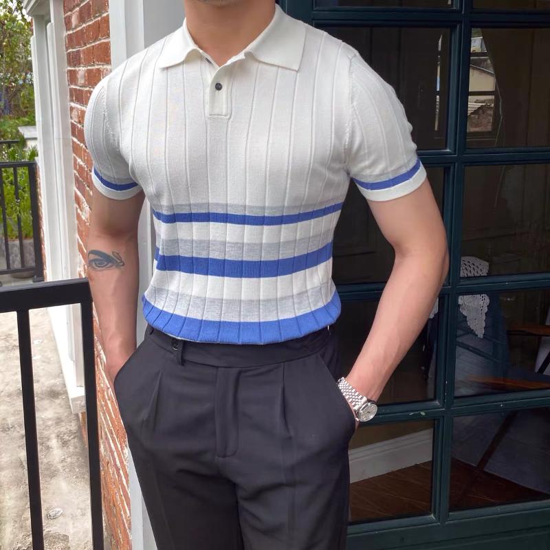 

Men's Polos High Level Jacquard Color Matching Lapel Short Sleeve Men's Summer Elastic Slim Fitting Knitted T-shirt Trend Korean TopMen', Black