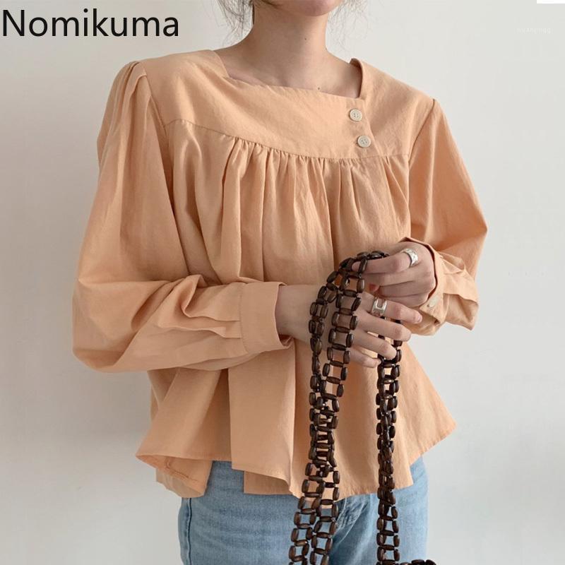 

Nomikuma Korean Style Blusas Solid Color Shirt Women Square Collar Long Sleeve Casual Vintage Blouse Female All-match Tops 3c760 Women's Blo, Orange shirt
