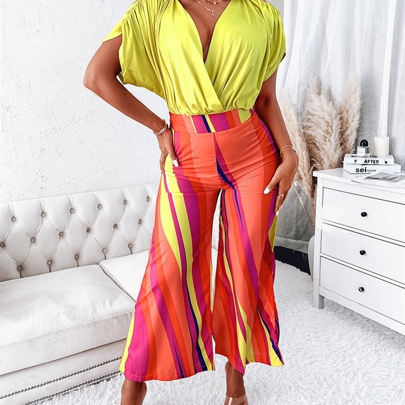 

Womens Fashion Pants V Neck Batwing Sleeve Wrap Top & Allover Print Wide Leg Pants Set Summer Suits Lounge Female Set 2 PCS 220510, Yellow