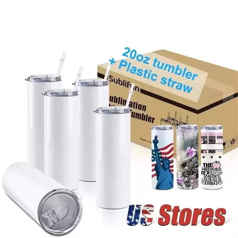 

US Warehouse Sublimation Blanks Mugs 20oz Stainless Steel Straight Tumblers Blank white Tumbler with Lids and Straw Heat Transfer Cups Water Bottles 50pcs/Carton, As pic