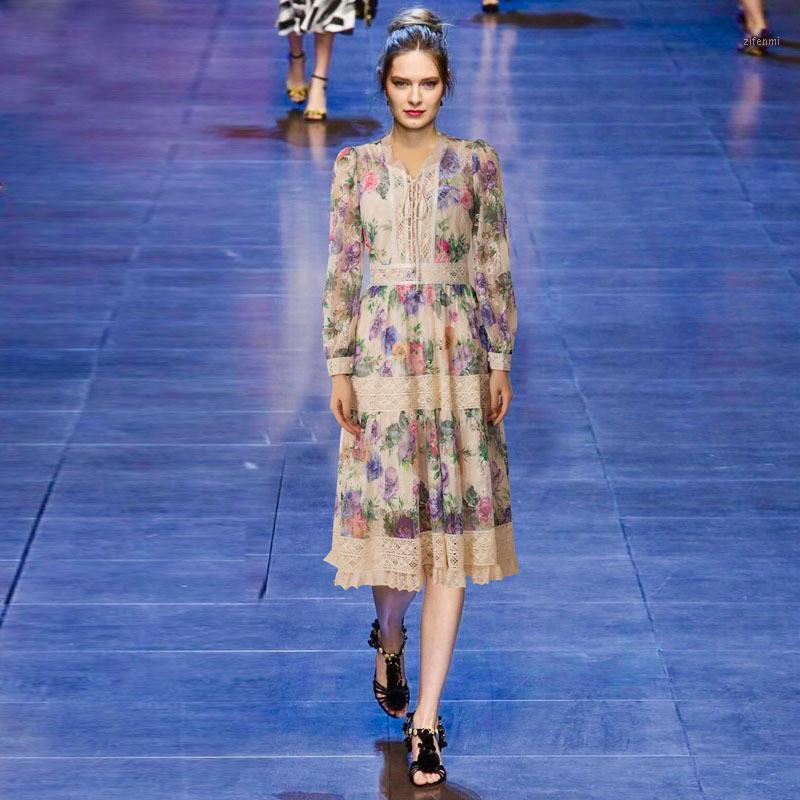 

Casual Dresses Elegant V-neck Lace Patchwork Floral Woman Dress 2022 Spring Runway Designers Long Sleeve Pleated Midi Female, As picture