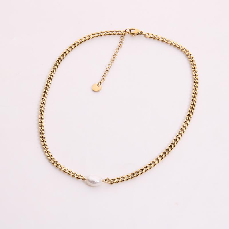 

Chokers 316L Stainless Steel Gold Plated Link Chain Pearl Choker Necklace Cuban Curb For Women Gril Trendy Jewelry Gift