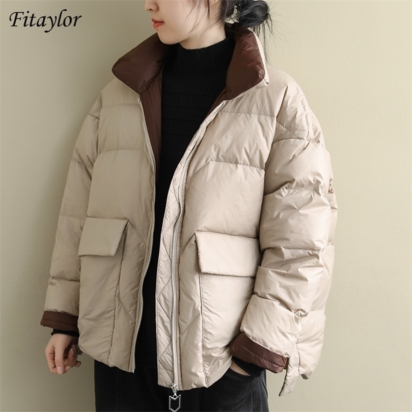 

Fitaylor Winter Women Stand Collar Ultra Light Down Coat 90% White Duck Down Jacket Zipper Loose Snow Outwear 201128, Beige