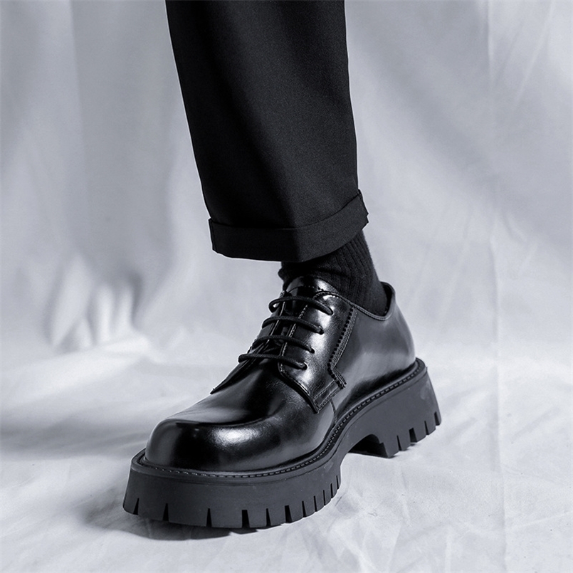 

Man Japan Harajuku Korean Streetwear Fashion Business Wedding Leather Shoe Men High Sole Platform Casual Leather Shoes 220727, Black