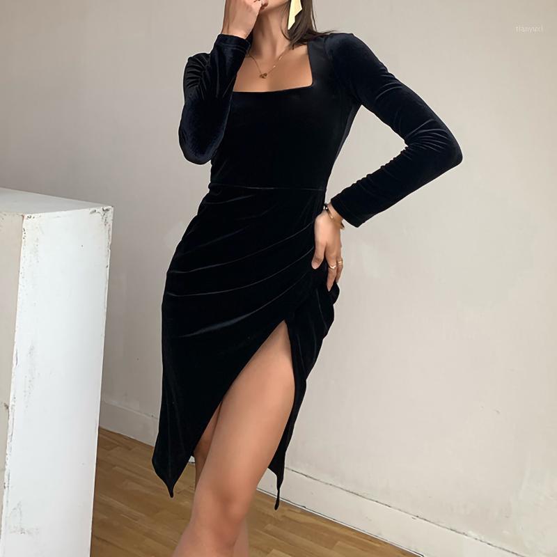 

Casual Dresses Est Fashion Women Dress Gothic Slim Chain Solid Color Long Sleeve Square Neck High Waist Sexy Club Party, Black