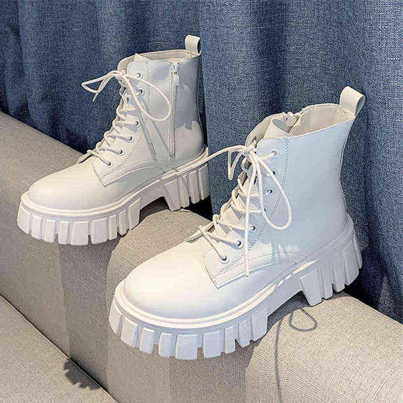 

Boots Rimocy 2022 New Women White Ankle Pu Leather Thick Sole Lace Up Combat Booties Female Autumn Winter Platform Shoes Woman 220805