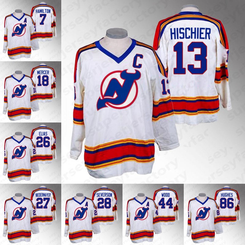 

Devils New Jersey Reverse Retro 2.0 2022-23 White Jerseys Jack Hughes Martin Brodeur Damon Severson Scott Niedermayer Nico Hischier Dougie Hamilton Scott Stevens, 27 scott niedermayer