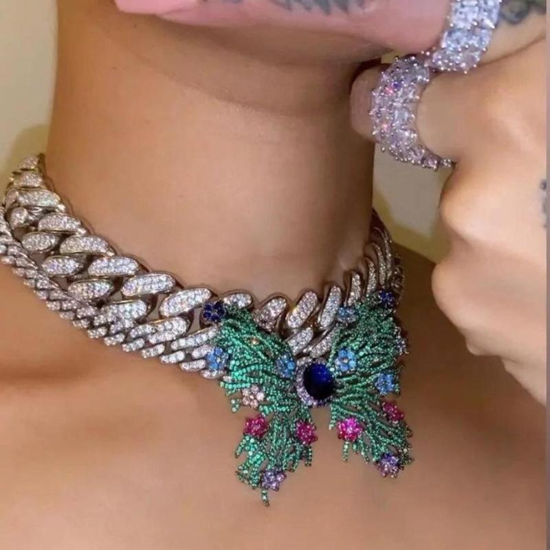 

Chains Hip Hop Jewelry Big Butterfly Necklace Micro Pave White Green Cubic Zirconia For Women Charm Tennis Chain Choker Luxury JewelryChains