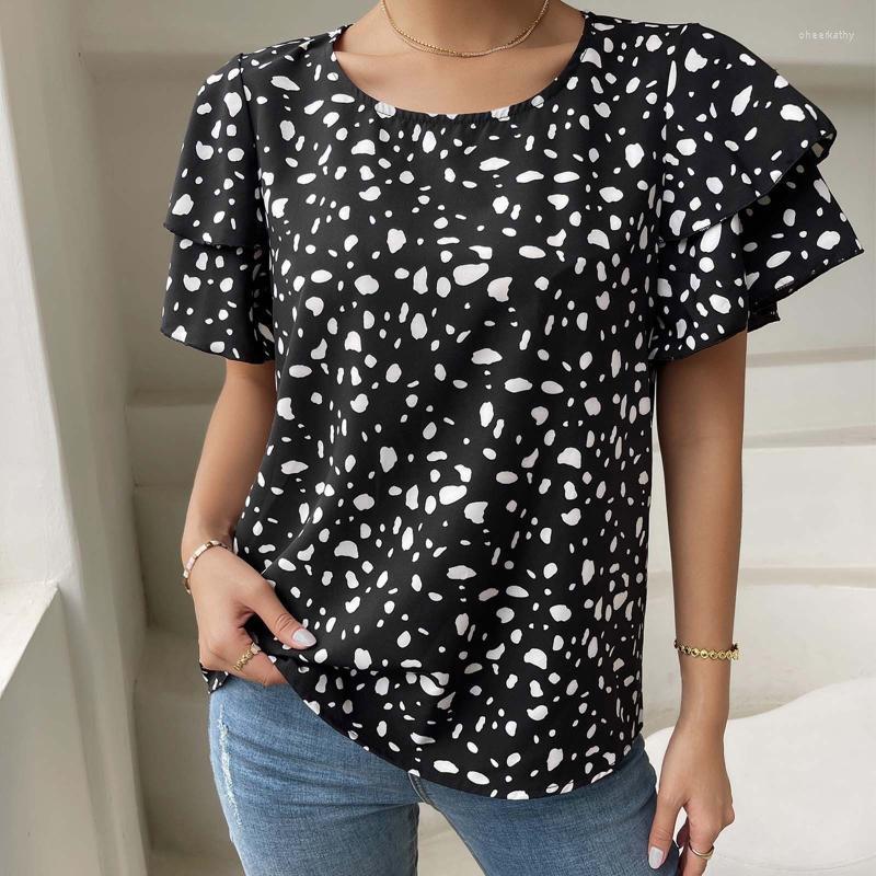 

Women' Blouses & Shirts Leopard Dot Print Women Summer Casual Loose Lady O Neck Pleated Short Sleeve Tee Shirt Tunic Tops BlusasWomen' Che, Green