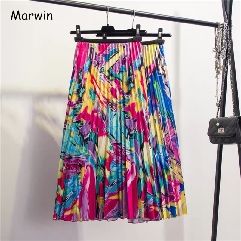 

Marwin Coming Spring Eurpoean High Street Style ALine Floral Pattern MidCalf Vacation skirt High Quality Women Skirts Y200326, Red