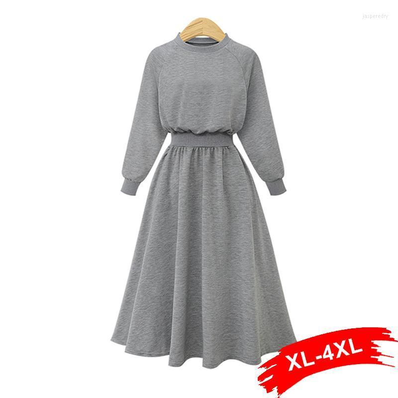 

Plus Size Dresses Retro O-Neck Long Sleeve A-Line Sweater With Pockets 4Xl Female Spring Elegant Elastic Waist Solid Dress Jasp22, Black