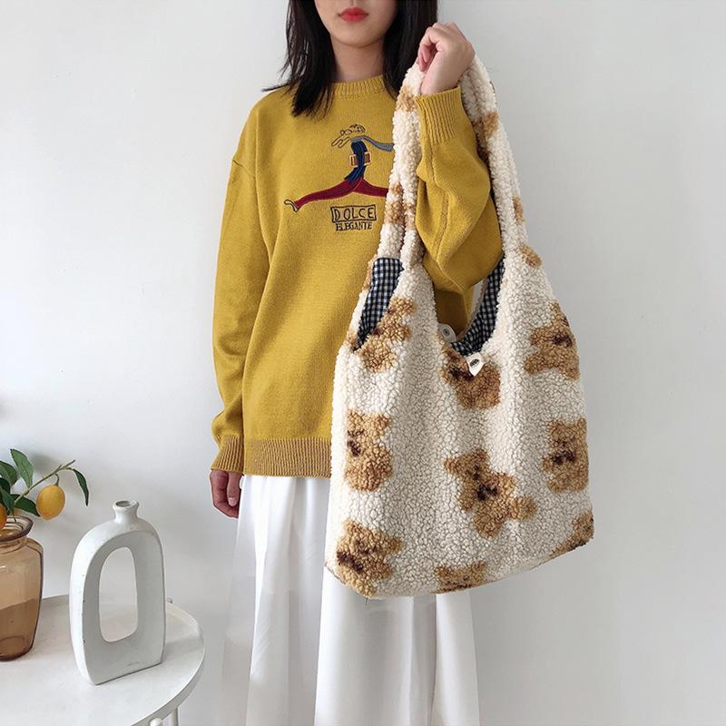 

Evening Bags Fashion Winter Imitation Lamb Hair Shoulder Bag Women Cartoon Bear Plush Handbags Casual Shopper Totes Bolso De Hombro, Brown
