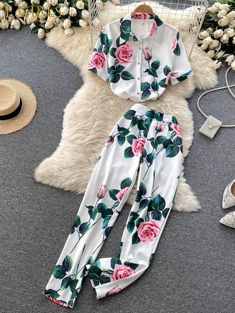 

Women's Two Piece Pants GIRLS Women Floral Set Office Ladies Printed Turn-Down Single Breasted Tops High Waist Wide Leg Suit, White