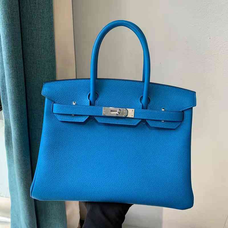 

designer herme birkin's shoulder totes handbags H's full manual wax line custom made platinum bag 30cm Togo leather Tanzanian blue with malachite green inside, Gold clasp