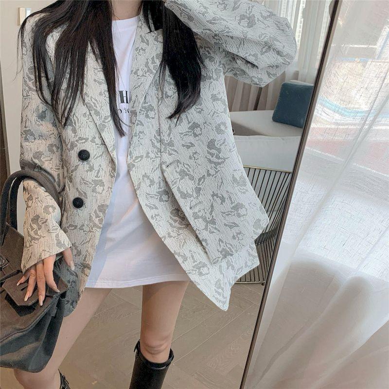 

Women's Suits & Blazers Foufurieux Patchwork Print Blazer Women's Spring Jacket Coat Single Breasted Thin Loose Ladies Autumn Casual Bla, Gray